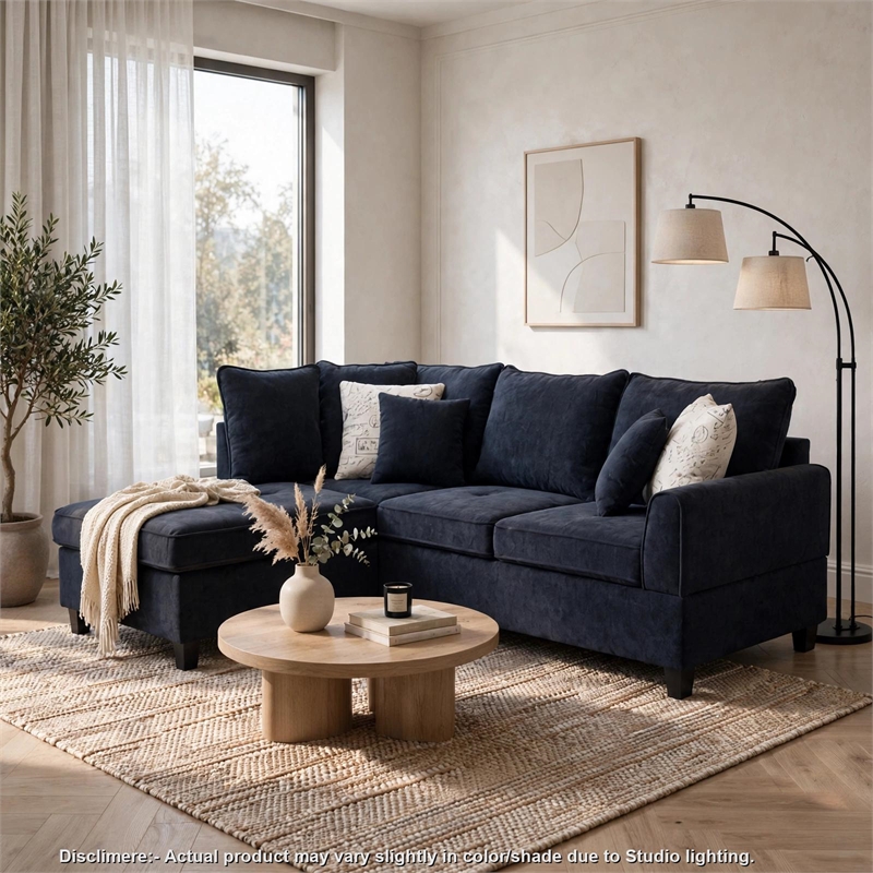 Kyna Sectional Sofa with Storage Ottoman- Throw Pillows- Black Fabric