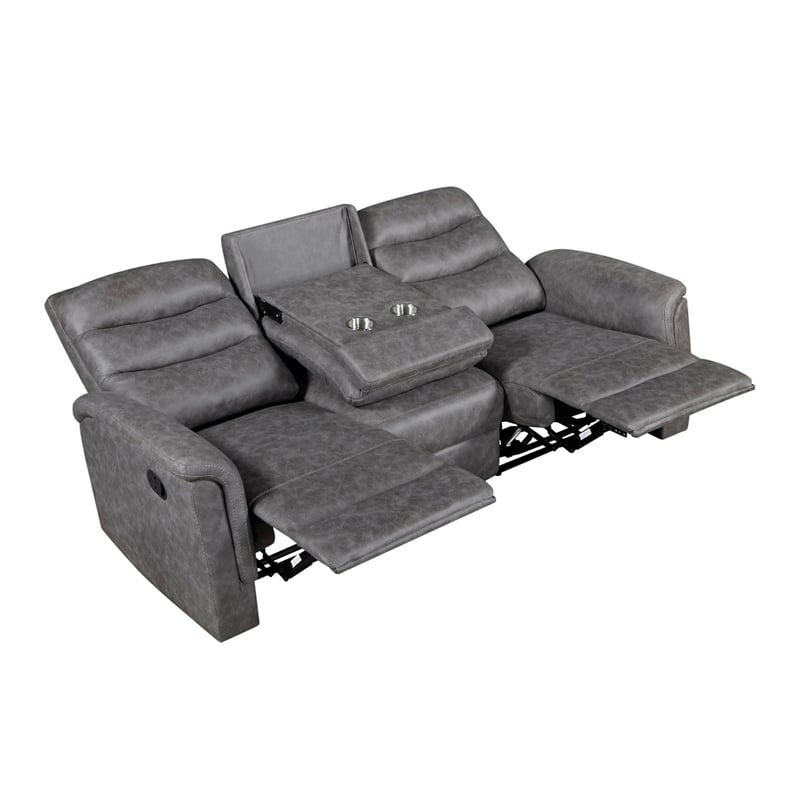 Meloni Double Glider Reclining Sofa- Drop-Down Table- Gray Microfiber