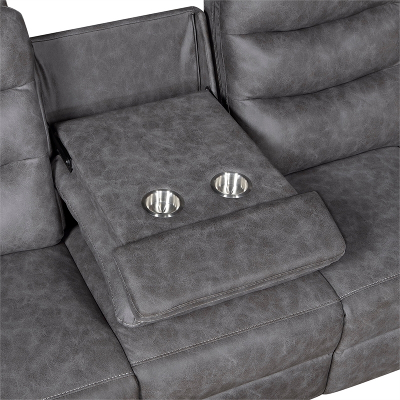 Meloni Double Glider Reclining Sofa- Drop-Down Table- Gray Microfiber