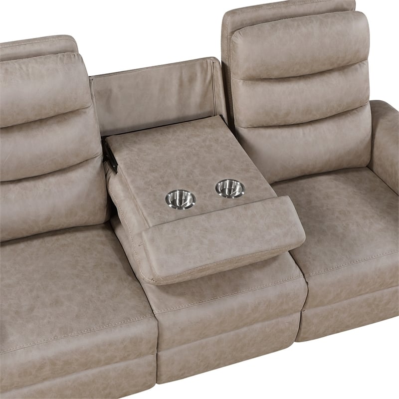Meloni Double Glider Reclining Sofa- Drop-Down Table- Taupe Microfiber