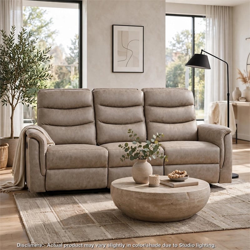 Meloni Double Glider Reclining Sofa- Drop-Down Table- Taupe Microfiber