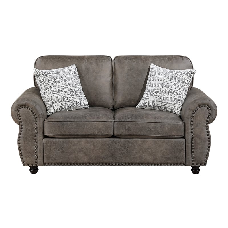Pinto Loveseat with Nailhead Trim- 2 Accent Pillows- Gray Microfiber