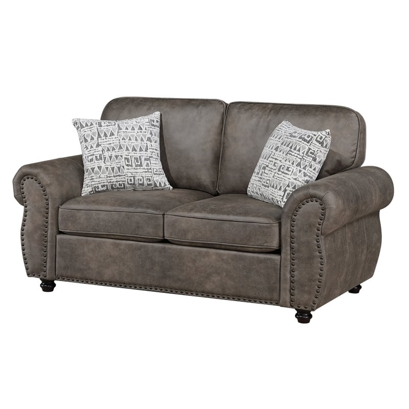 Pinto Loveseat with Nailhead Trim- 2 Accent Pillows- Gray Microfiber