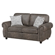 Pinto Loveseat with Nailhead Trim- 2 Accent Pillows- Gray Microfiber