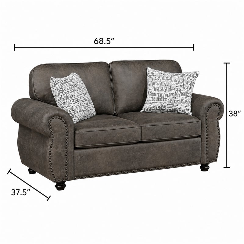 Pinto Loveseat with Nailhead Trim- 2 Accent Pillows- Gray Microfiber