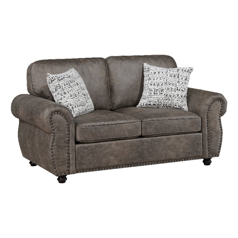 Pinto Loveseat with Nailhead Trim- 2 Accent Pillows- Gray Microfiber