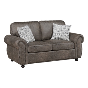 Pinto Loveseat with Nailhead Trim- 2 Accent Pillows- Gray Microfiber