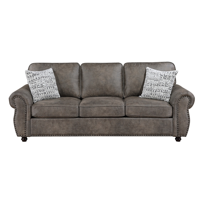 Pinto Sofa with Nailhead Trim and 2 Accent Pillows- Gray Microfiber