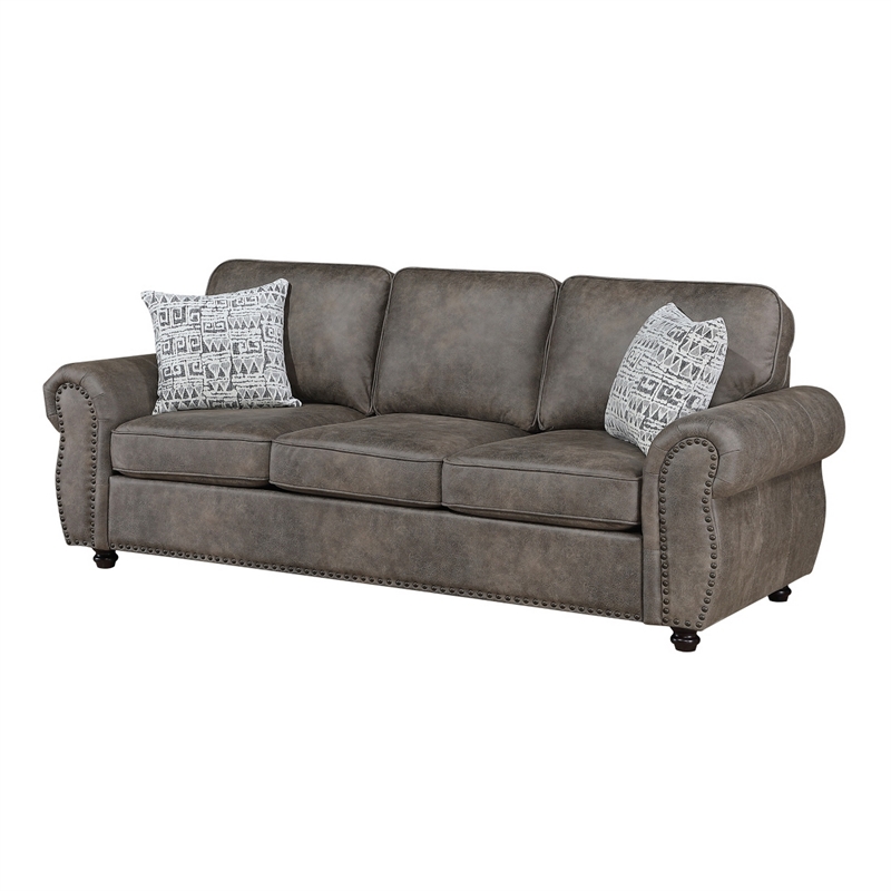 Pinto Sofa with Nailhead Trim and 2 Accent Pillows- Gray Microfiber