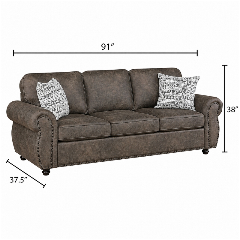 Pinto Sofa with Nailhead Trim and 2 Accent Pillows- Gray Microfiber