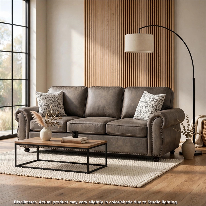 Pinto Sofa with Nailhead Trim and 2 Accent Pillows- Gray Microfiber