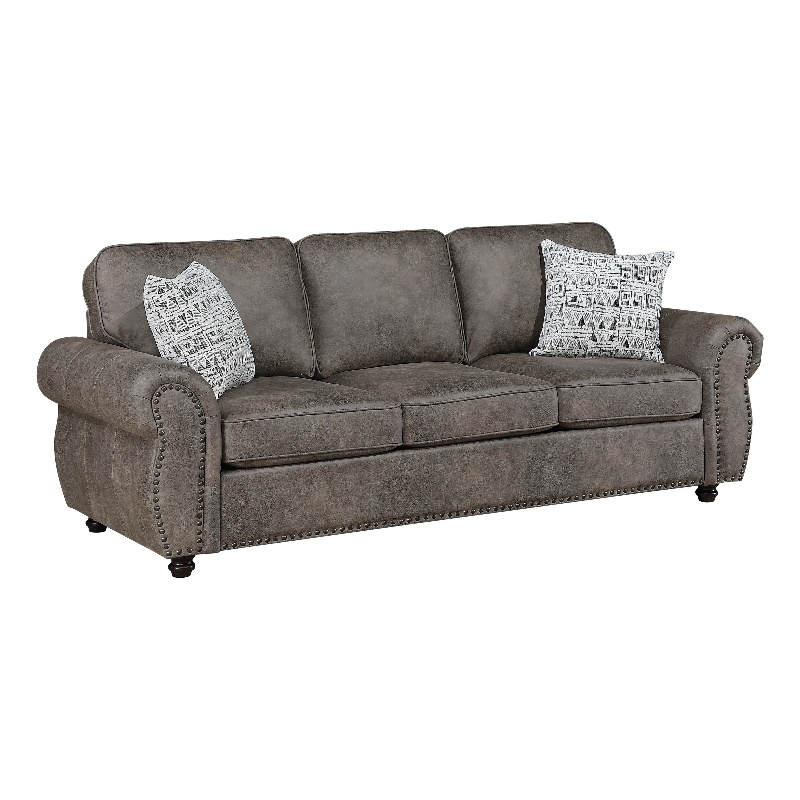 Pinto Sofa with Nailhead Trim and 2 Accent Pillows- Gray Microfiber