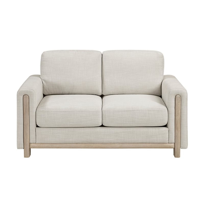 Swan Loveseat- Natural Brown Wood Frame- Beige Polyester- 59 Inch