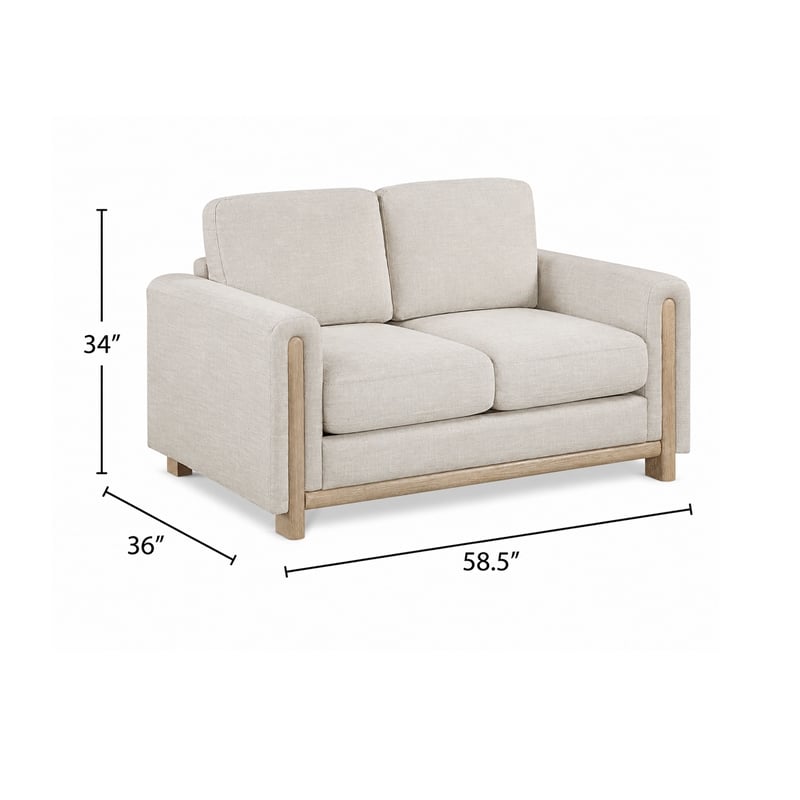 Swan Loveseat- Natural Brown Wood Frame- Beige Polyester- 59 Inch