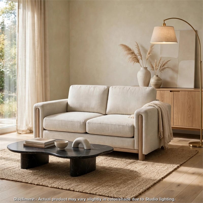 Swan Loveseat- Natural Brown Wood Frame- Beige Polyester- 59 Inch