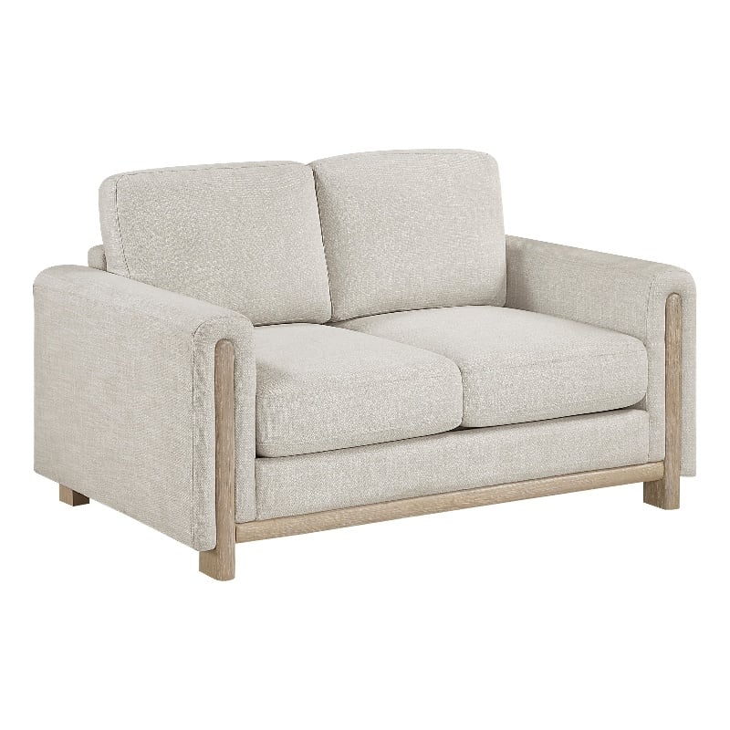 Swan Loveseat- Natural Brown Wood Frame- Beige Polyester- 59 Inch