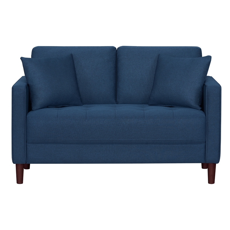 Yera Loveseat w 2 Pillows- Tufted Blue Fabric- Cherry Brown Wood- 52 Inch