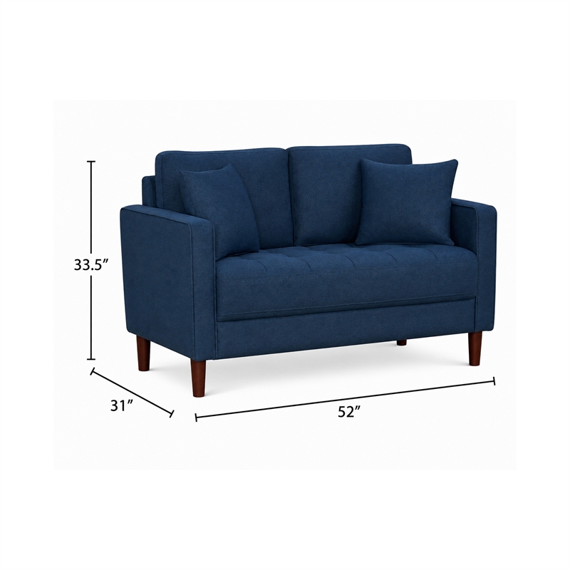 Yera Loveseat w 2 Pillows- Tufted Blue Fabric- Cherry Brown Wood- 52 Inch