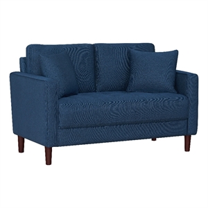 Yera Loveseat w 2 Pillows- Tufted Blue Fabric- Cherry Brown Wood- 52 Inch