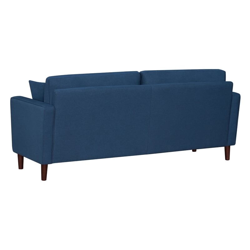 Yera Sofa w 2 Pillows-  Tufted Blue Fabric- Cherry Brown Wood- 77 Inch