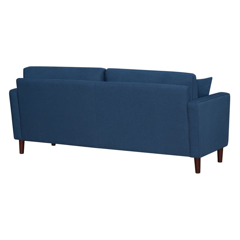 Yera Sofa w 2 Pillows-  Tufted Blue Fabric- Cherry Brown Wood- 77 Inch
