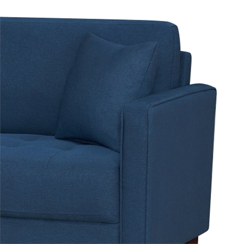 Yera Sofa w 2 Pillows-  Tufted Blue Fabric- Cherry Brown Wood- 77 Inch