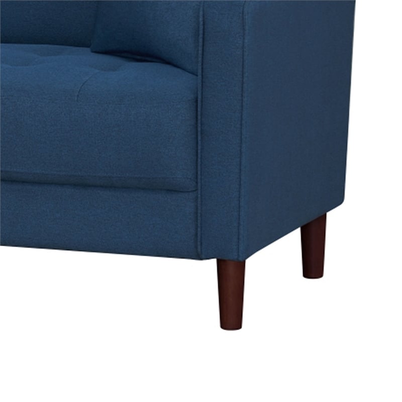 Yera Sofa w 2 Pillows-  Tufted Blue Fabric- Cherry Brown Wood- 77 Inch
