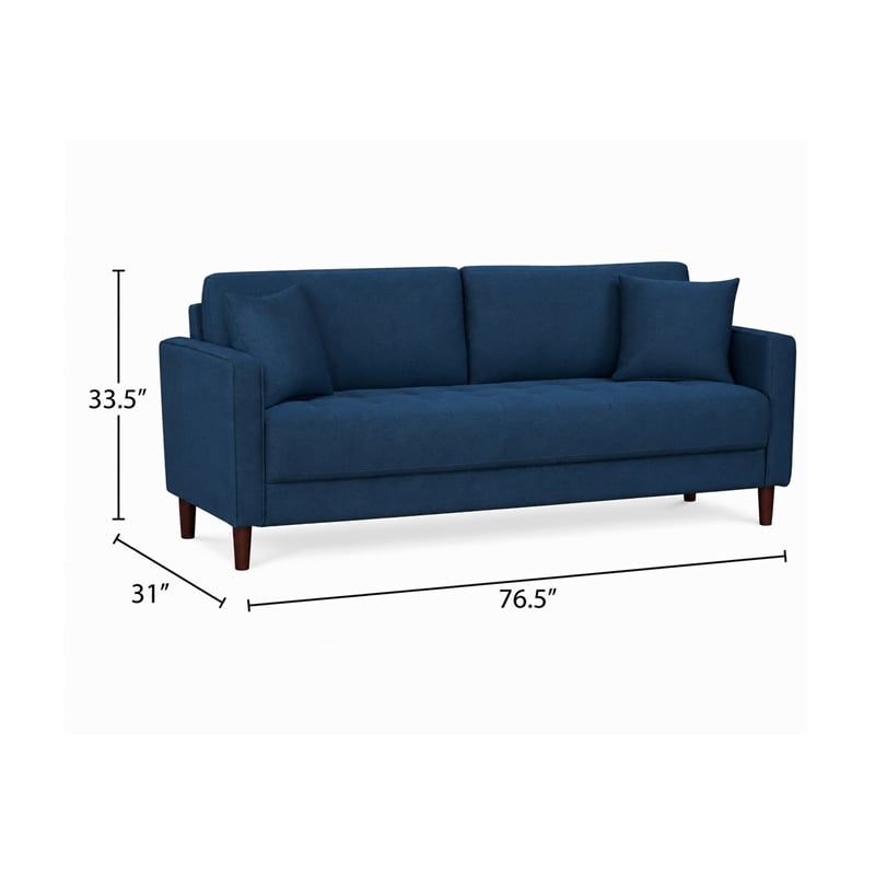 Yera Sofa w 2 Pillows-  Tufted Blue Fabric- Cherry Brown Wood- 77 Inch