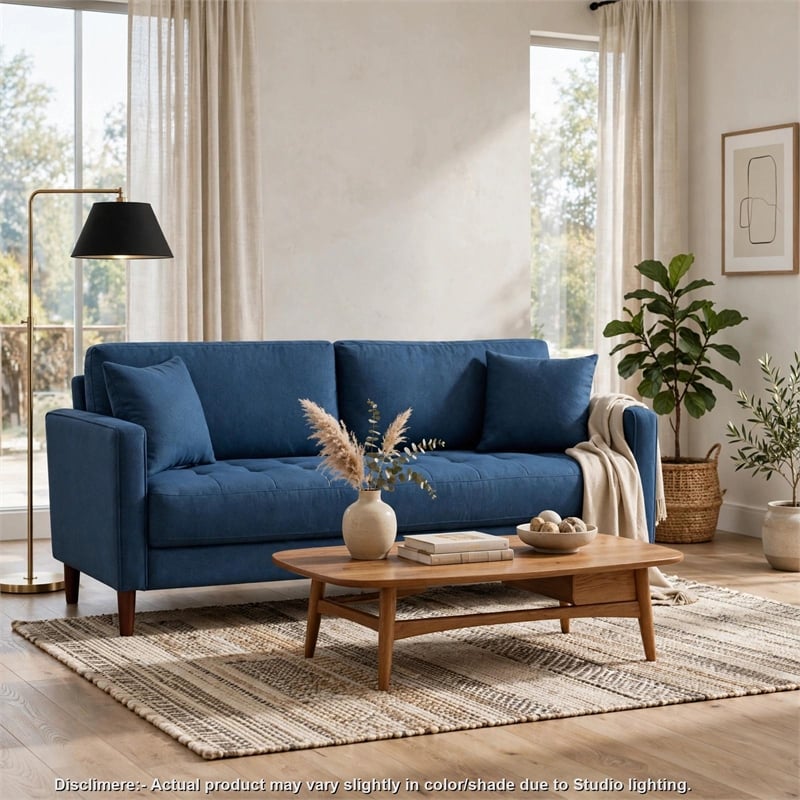 Yera Sofa w 2 Pillows-  Tufted Blue Fabric- Cherry Brown Wood- 77 Inch