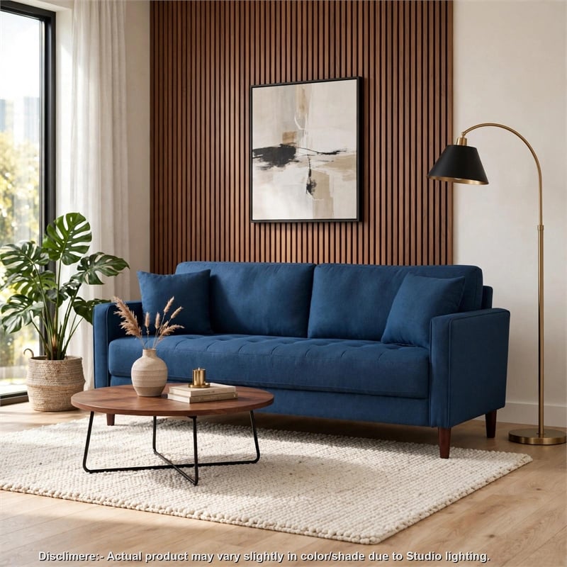 Yera Sofa w 2 Pillows-  Tufted Blue Fabric- Cherry Brown Wood- 77 Inch