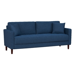 Yera Sofa w 2 Pillows-  Tufted Blue Fabric- Cherry Brown Wood- 77 Inch