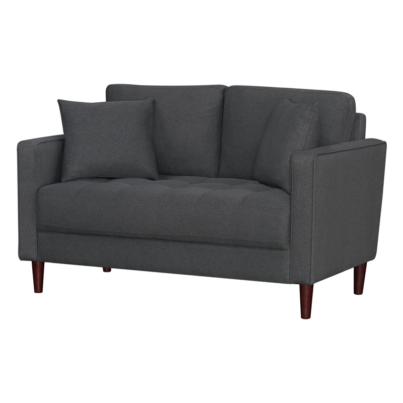 Yera Loveseat w 2 Pillows- Tufted Gray Fabric- Cherry Brown Wood 52 Inch