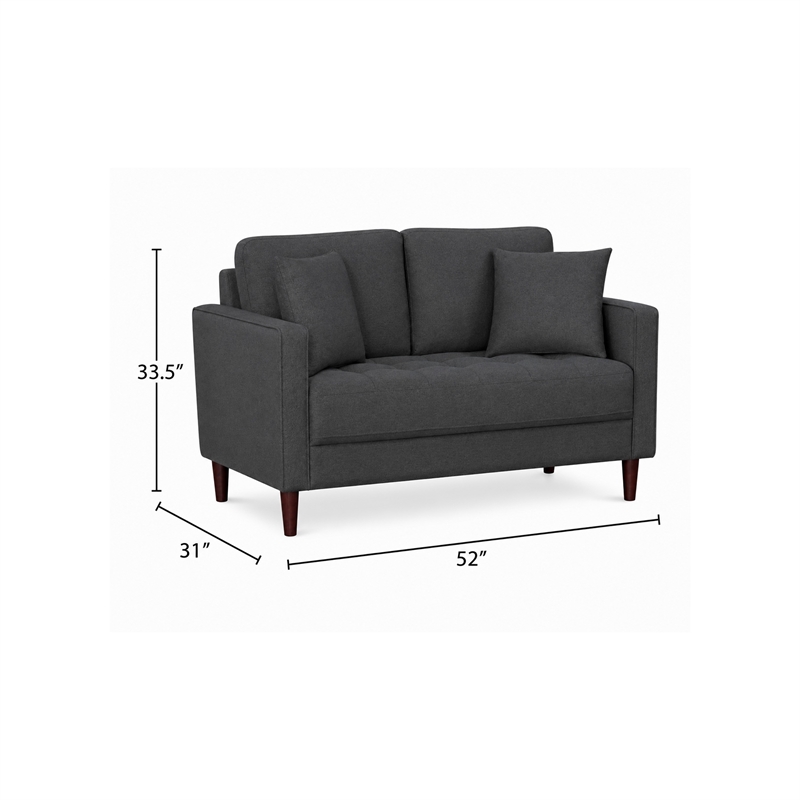Yera Loveseat w 2 Pillows- Tufted Gray Fabric- Cherry Brown Wood 52 Inch