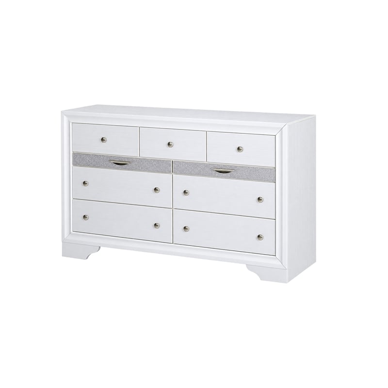 King Bedroom Set- White- 5pc w 2 Nightstands- Dresser- Mirror