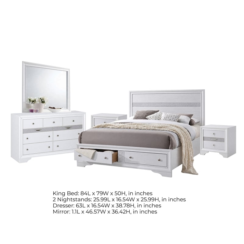 King Bedroom Set- White- 5pc w 2 Nightstands- Dresser- Mirror
