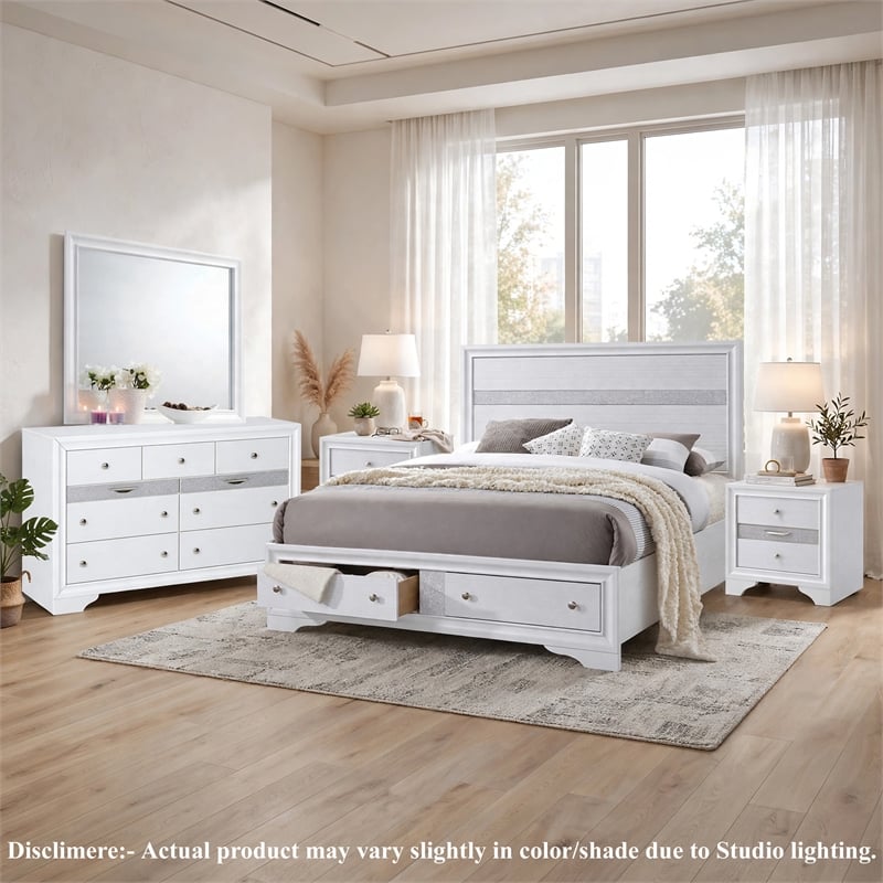 King Bedroom Set- White- 5pc w 2 Nightstands- Dresser- Mirror