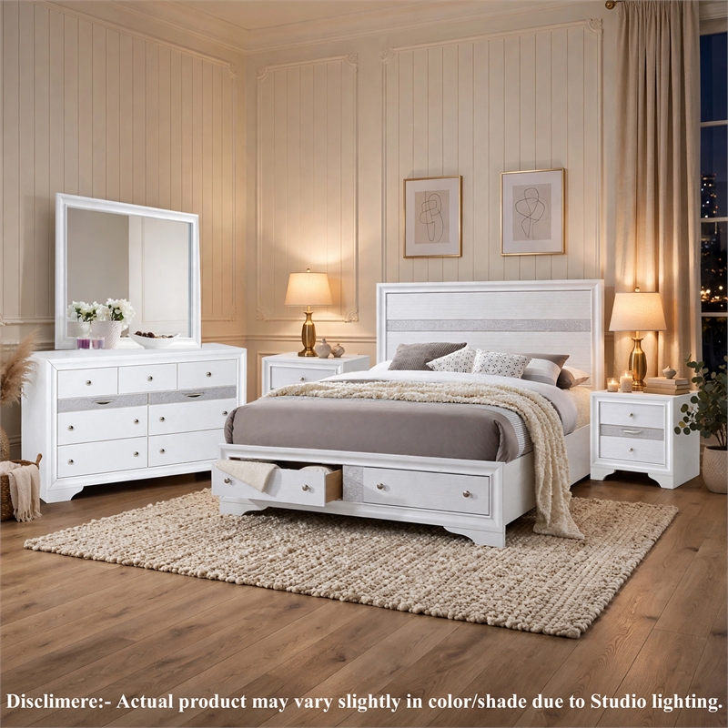King Bedroom Set- White- 5pc w 2 Nightstands- Dresser- Mirror