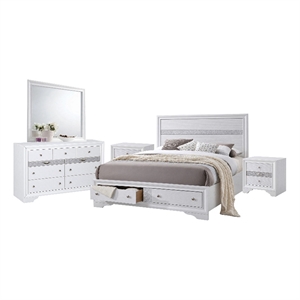 King Bedroom Set- White- 5pc w 2 Nightstands- Dresser- Mirror