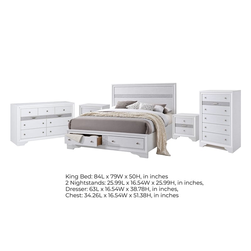 King Bedroom Set- White- 5pc w 2 Nightstands- Dresser- Chest