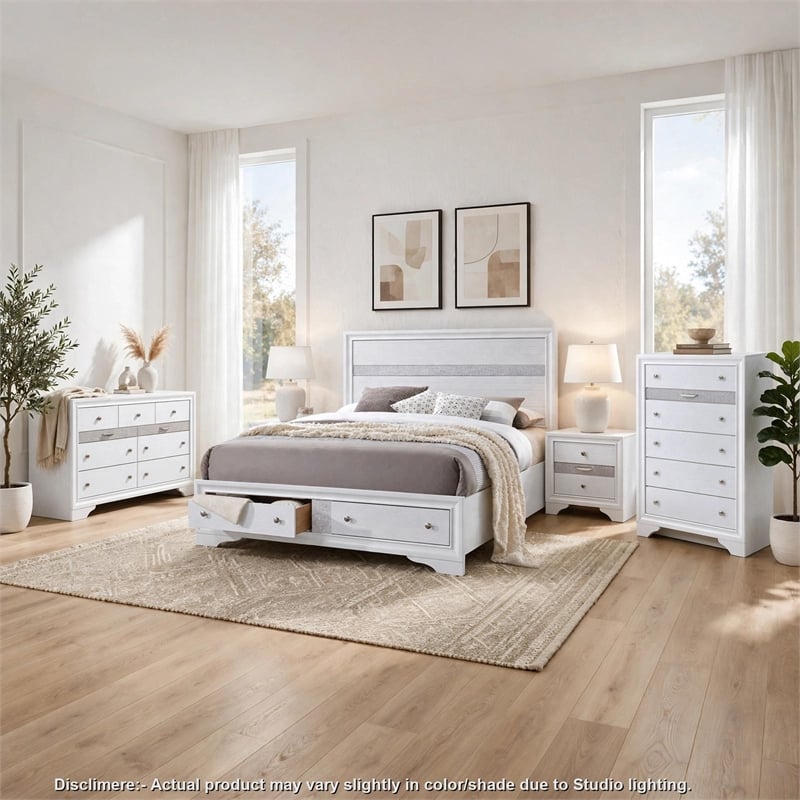 King Bedroom Set- White- 5pc w 2 Nightstands- Dresser- Chest