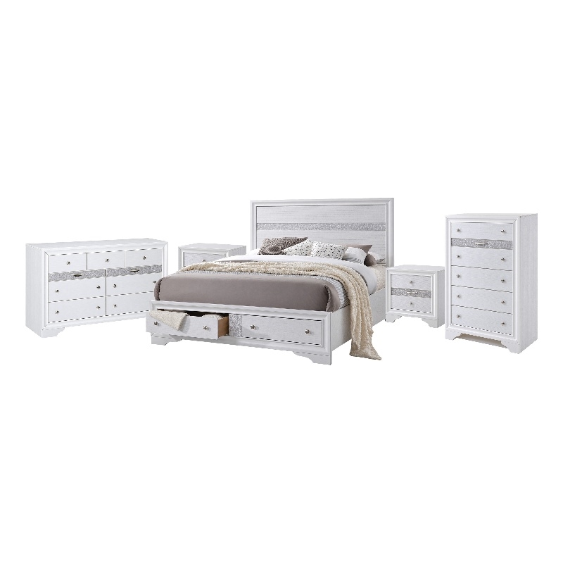 King Bedroom Set- White- 5pc w 2 Nightstands- Dresser- Chest