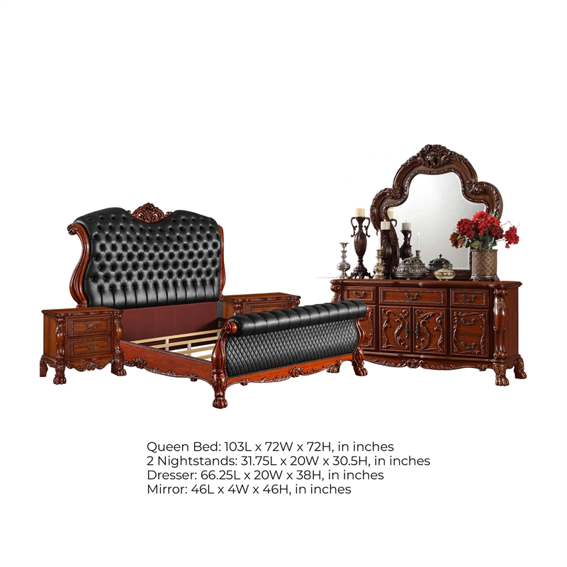 Queen Bedroom Set- Black Brown- 5pc w 2 Nightstands- Dresser- Mirror