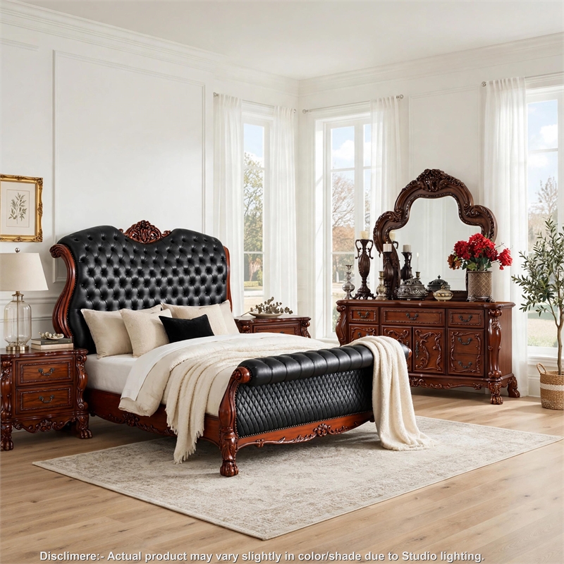 Queen Bedroom Set- Black Brown- 5pc w 2 Nightstands- Dresser- Mirror