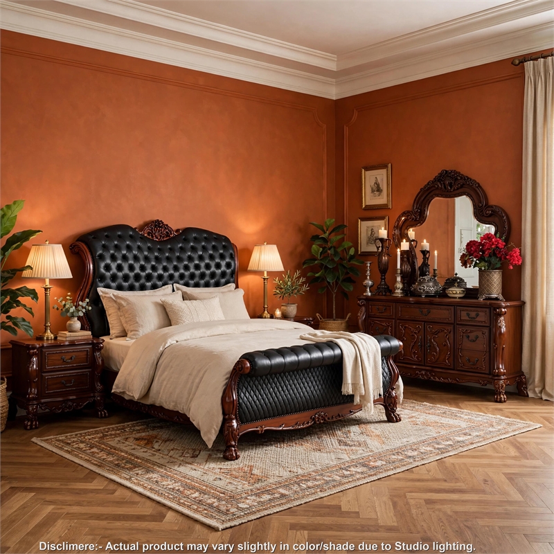 Queen Bedroom Set- Black Brown- 5pc w 2 Nightstands- Dresser- Mirror