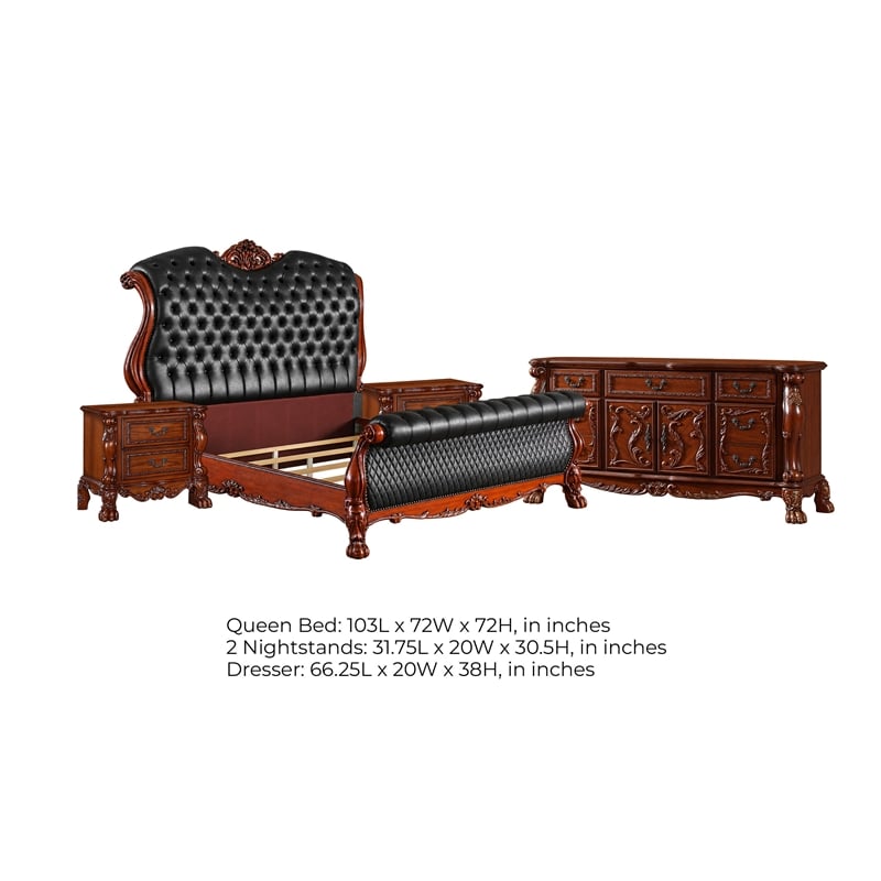 Queen Bedroom Set- Sleigh Design- Black Brown- 4pc w 2 Nightstands- Dresser