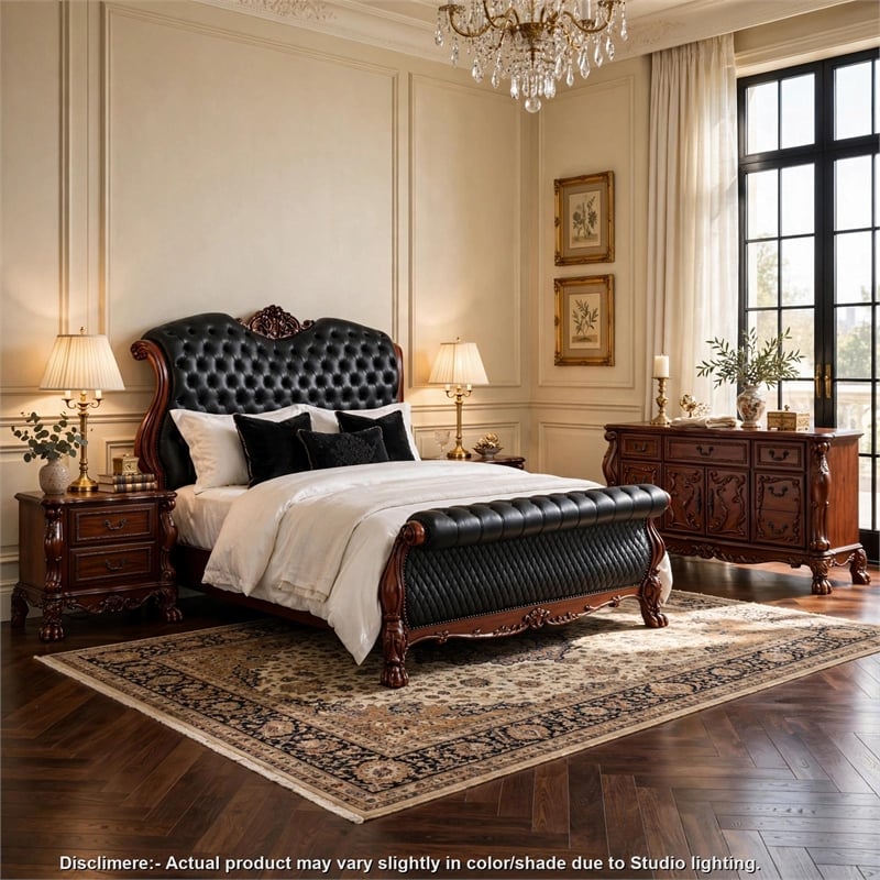 Queen Bedroom Set- Sleigh Design- Black Brown- 4pc w 2 Nightstands- Dresser