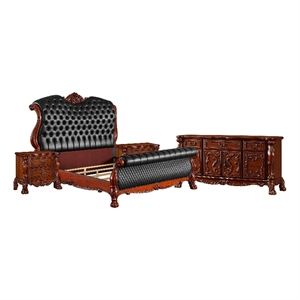 Queen Bedroom Set- Sleigh Design- Black Brown- 4pc w 2 Nightstands- Dresser