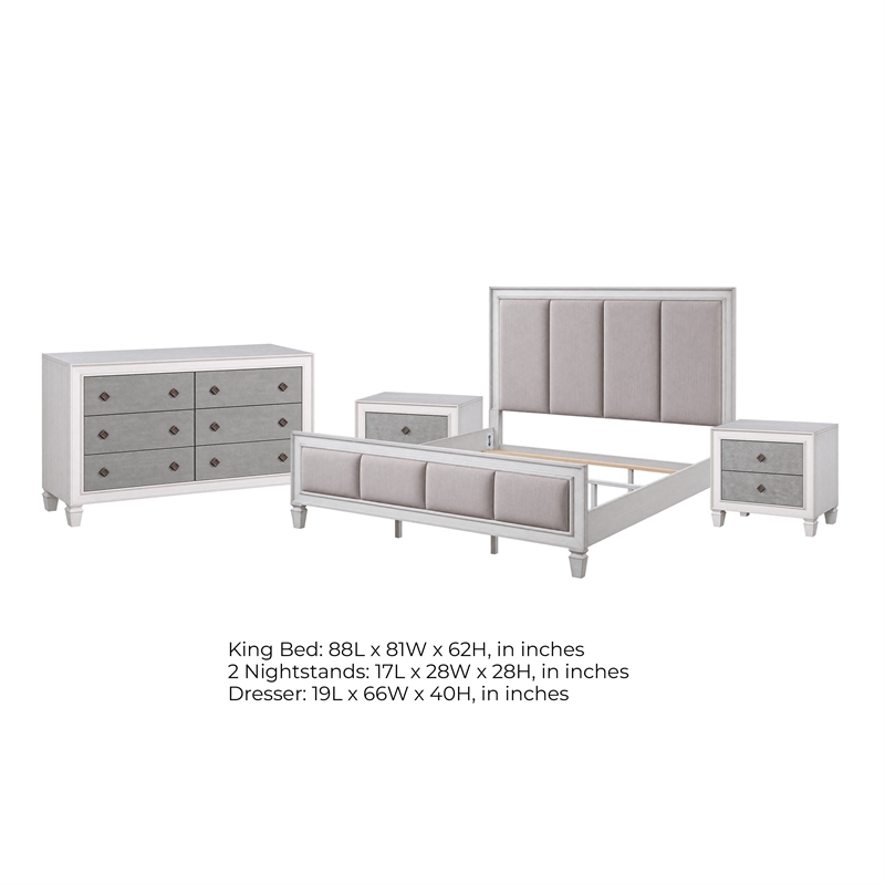 King Bedroom Set- Upholstered Design-4pc w 2 Nightstands- Dresser
