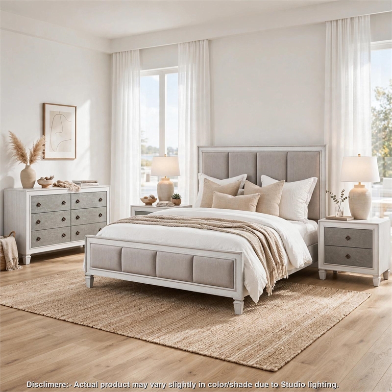 King Bedroom Set- Upholstered Design-4pc w 2 Nightstands- Dresser