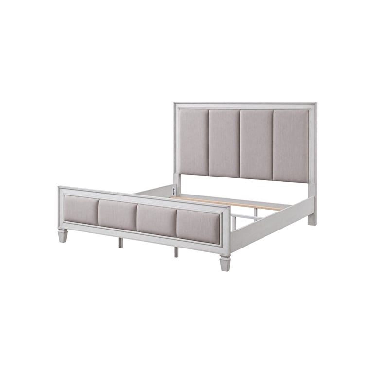 King Bedroom Set- Upholstered Design- Gray White- 3pc w 2 Nightstands